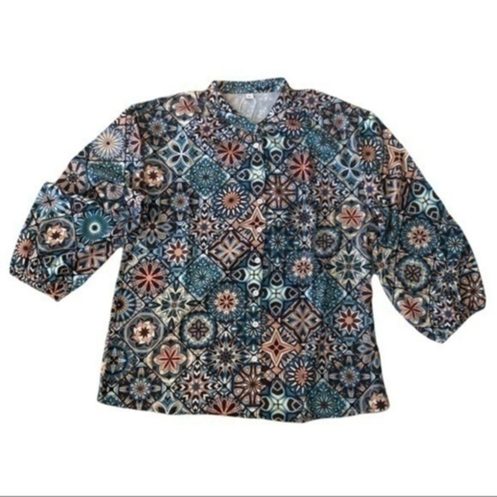 Pretty blue/ coral button up patterned blouse